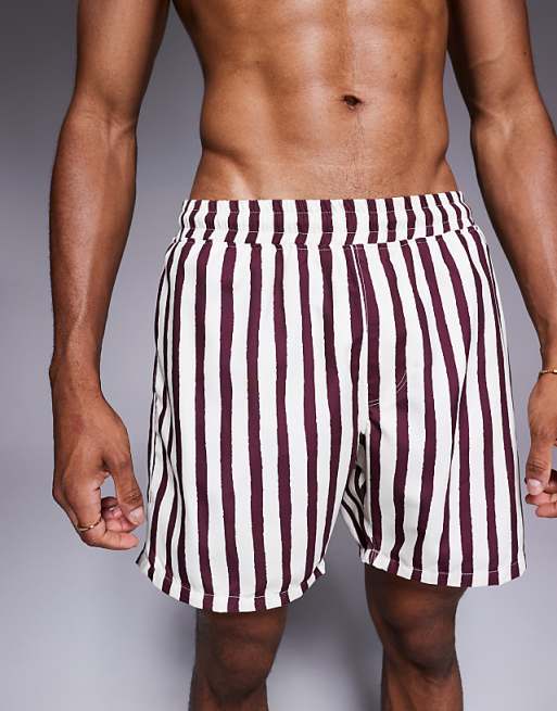 ASOS DESIGN Swim Shorts In Mid Length In Burgundy Stripe