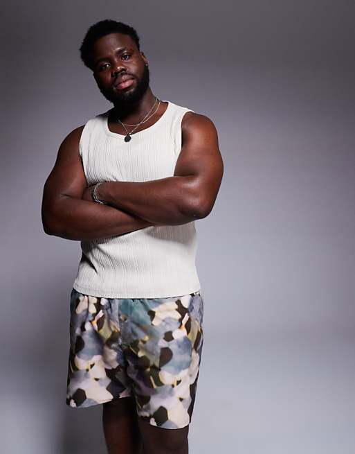 ASOS DESIGN Swim Shorts In Mid Length In Green Camo Print