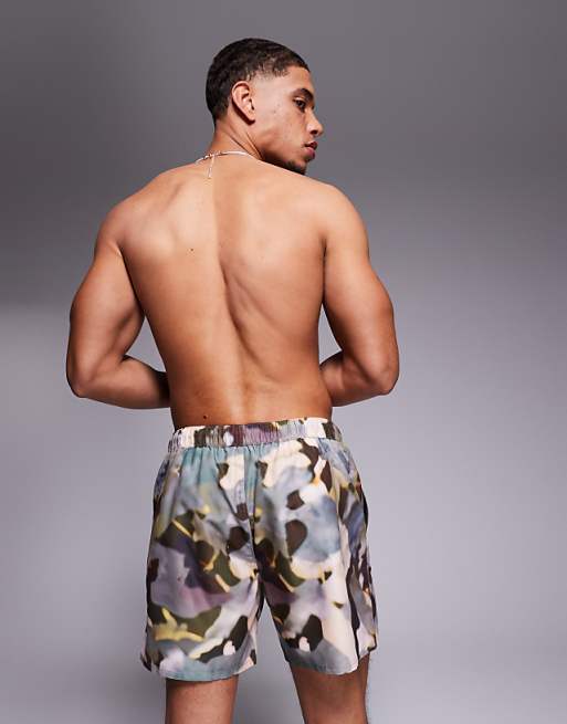 ASOS DESIGN Swim Shorts In Mid Length In Green Camo Print