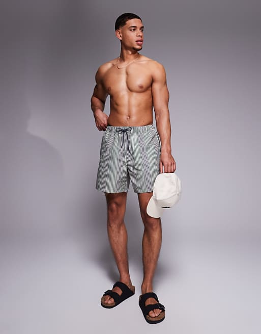 ASOS DESIGN Swim Shorts In Mid Length In Green Stripe