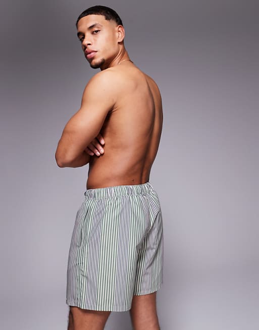 ASOS DESIGN Swim Shorts In Mid Length In Green Stripe