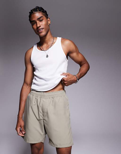 ASOS DESIGN Swim Shorts In Mid Length In Khaki