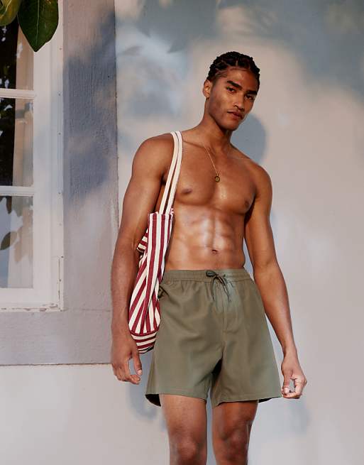 ASOS DESIGN swim shorts in mid length in khaki
