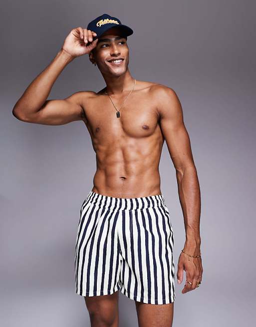 ASOS DESIGN swim shorts in mid length in navy stripe
