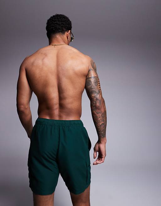 ASOS DESIGN Swim Shorts In Mid Length With Cargo Pockets In Green