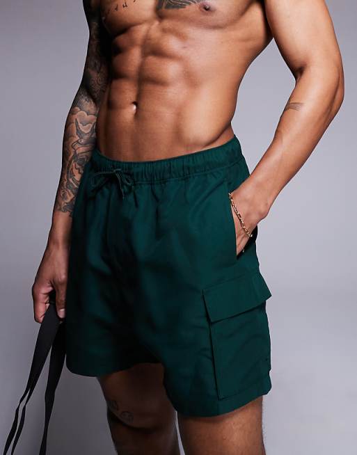 ASOS DESIGN Swim Shorts In Mid Length With Cargo Pockets In Green