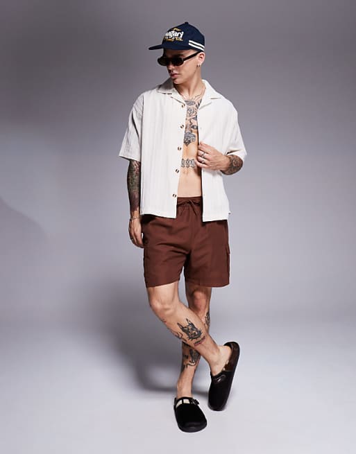 ASOS DESIGN Swim Shorts In Mid Length With Cargo Pockets In Dark Brown