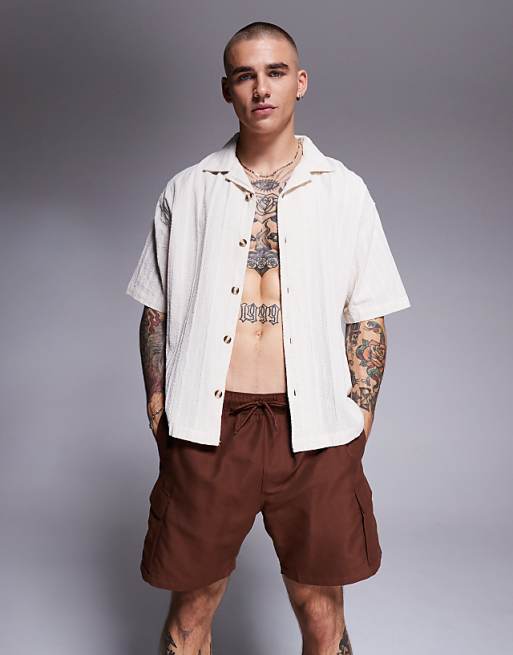 ASOS DESIGN Swim Shorts In Mid Length With Cargo Pockets In Dark Brown