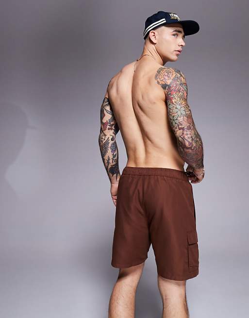 ASOS DESIGN Swim Shorts In Mid Length With Cargo Pockets In Dark Brown