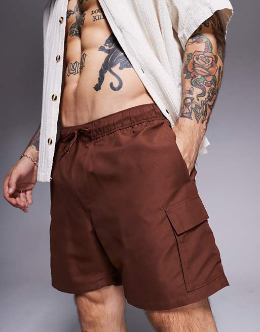 ASOS DESIGN swim shorts in mid length with cargo pockets in dark brown