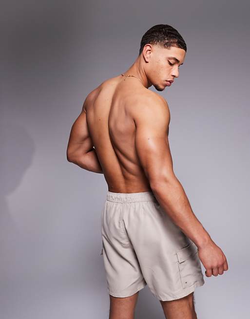 ASOS DESIGN Swim Shorts In Mid Length With Cargo Pockets In Stone