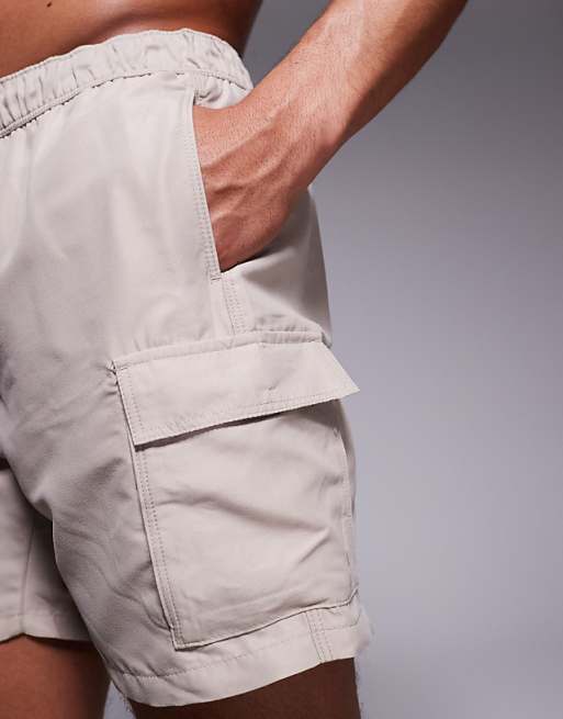 ASOS DESIGN Swim Shorts In Mid Length With Cargo Pockets In Stone