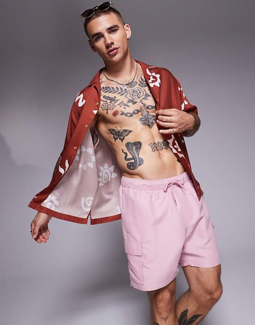 ASOS DESIGN Swim Shorts In Mid Length With Cargo Pockets In Pink