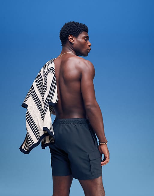 ASOS DESIGN Swim Shorts In Mid Length With Cargo Pockets In Black