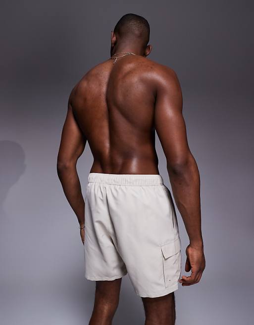 ASOS DESIGN Swim Shorts In Mid Length With Cargo Pockets In Light Stone