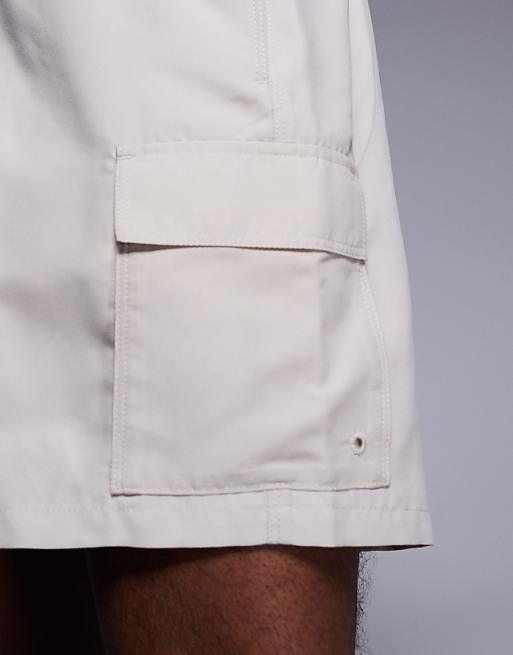 ASOS DESIGN Swim Shorts In Mid Length With Cargo Pockets In Light Stone