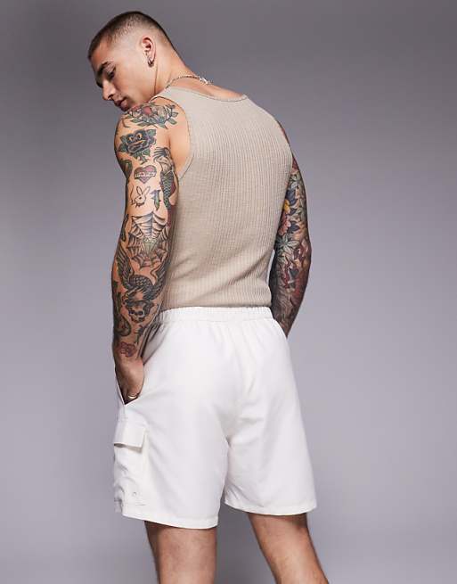 ASOS DESIGN Swim Shorts In Mid Length With Cargo Pockets In Neutral