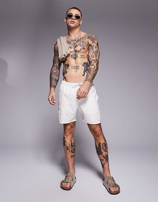 ASOS DESIGN Swim Shorts In Mid Length With Cargo Pockets In Neutral
