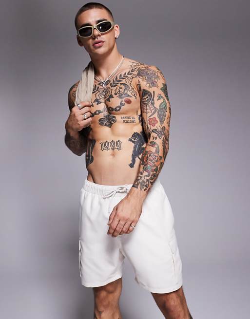 ASOS DESIGN swim shorts in mid length with cargo pockets in neutral