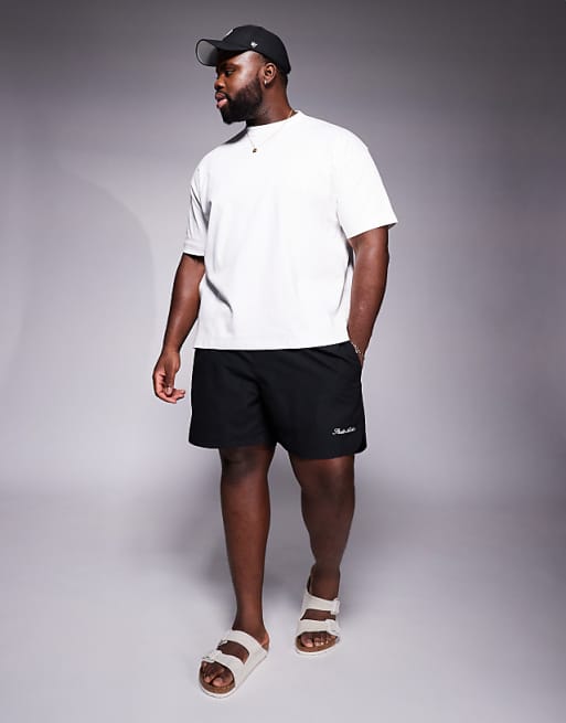 ASOS DESIGN Swim Shorts In Mid Length With Embroidery Placement In Black