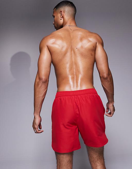 ASOS DESIGN Swim Shorts In Mid Length With Embroidery In Red