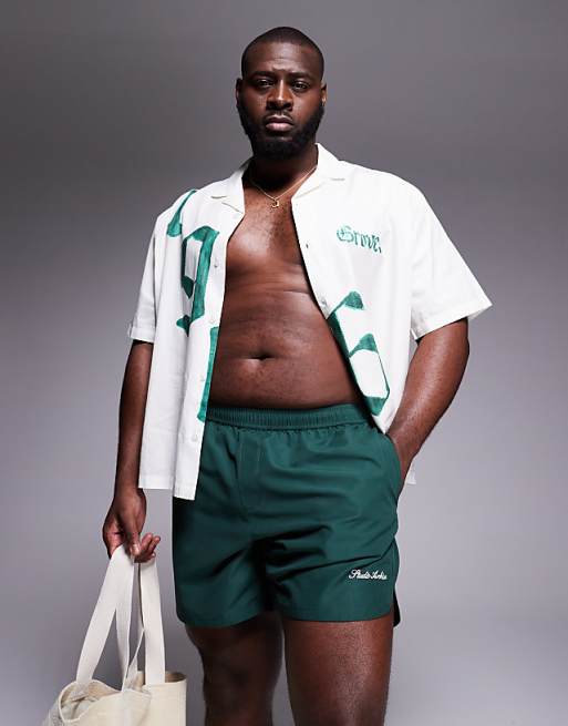 ASOS DESIGN Swim Shorts In Mid Length With Embroidery In Green
