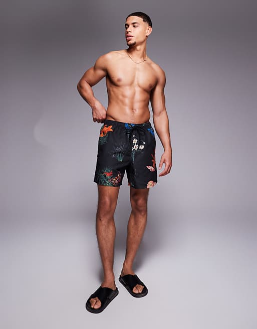 ASOS DESIGN Swim Shorts In Mid Length With Floral Print In Black