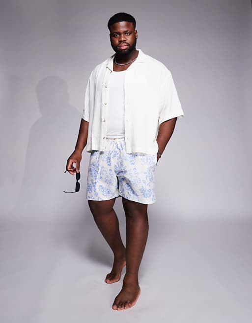 ASOS DESIGN Swim Shorts In Mid Length With Floral Print In Blue