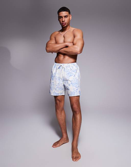 ASOS DESIGN Swim Shorts In Mid Length With Floral Print In Blue