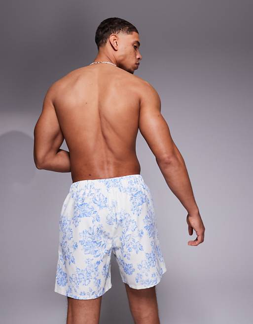 ASOS DESIGN Swim Shorts In Mid Length With Floral Print In Blue