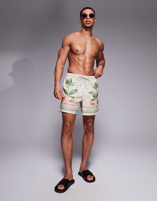ASOS DESIGN Swim Shorts In Mid Length With Placement Print In Beige