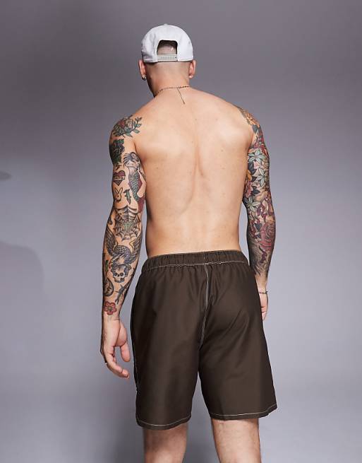 ASOS DESIGN Swim Shorts In Mid Length With Sun Embroidery In Brown