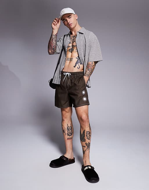 ASOS DESIGN Swim Shorts In Mid Length With Sun Embroidery In Brown
