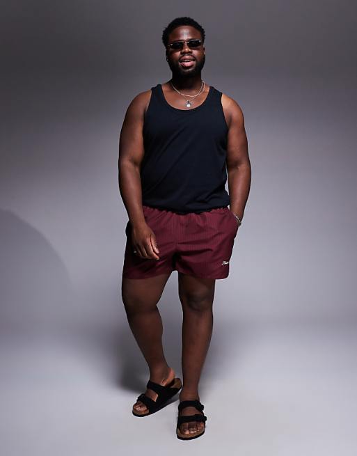 ASOS DESIGN Swim Shorts In Short Length In Burgundy Stripe With Placement Print