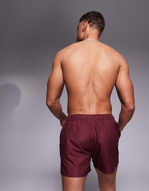 ASOS DESIGN Swim Shorts In Short Length In Burgundy Stripe With Placement Print