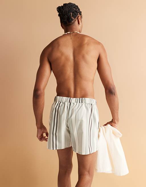 ASOS DESIGN Swim Shorts In Short Length In Cream Stripe With Placement Print