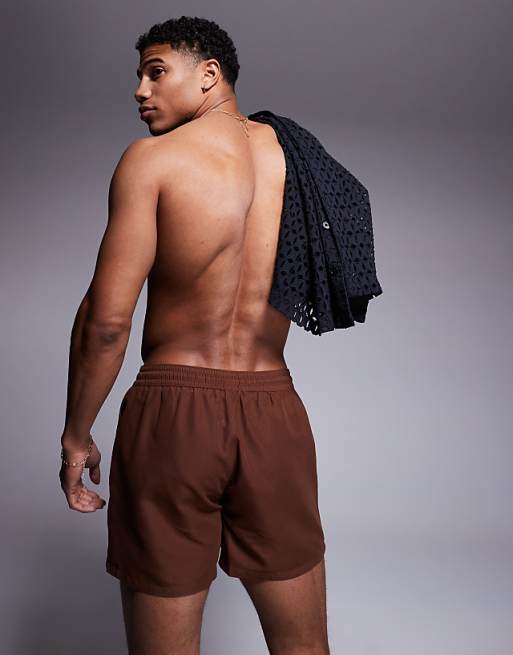 ASOS DESIGN Swim Shorts In Short Length In Dark Brown