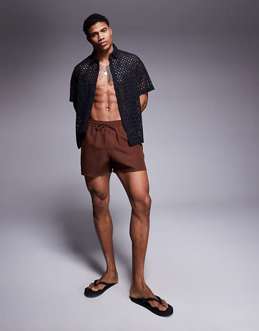 ASOS DESIGN Swim Shorts In Short Length In Dark Brown