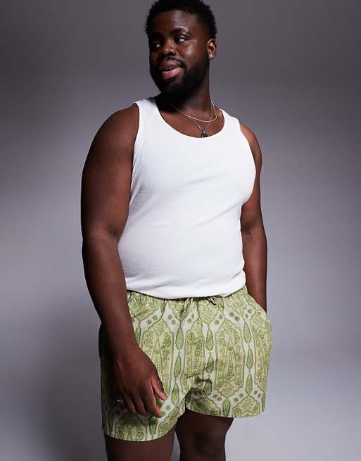 ASOS DESIGN Swim Shorts In Short Length In Green Paisley Print