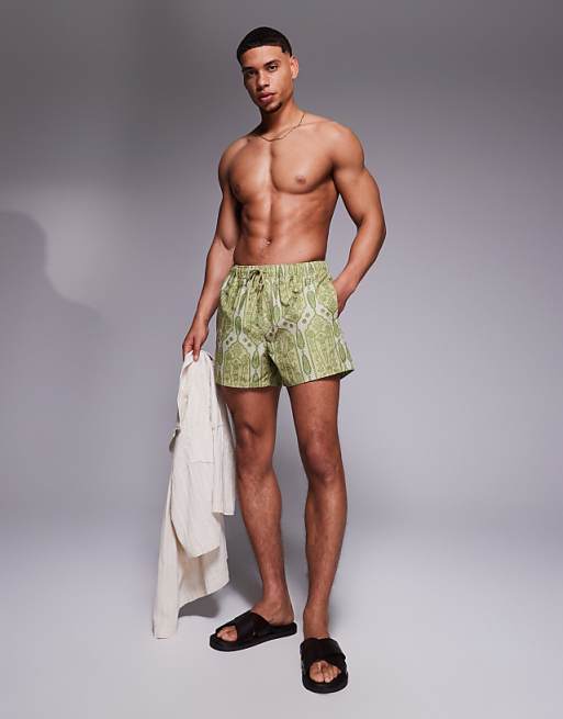ASOS DESIGN Swim Shorts In Short Length In Green Paisley Print
