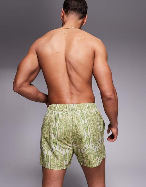 ASOS DESIGN Swim Shorts In Short Length In Green Paisley Print