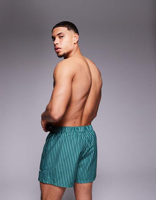 ASOS DESIGN Swim Shorts In Short Length In Green Stripe With Placement Print