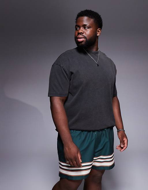 ASOS DESIGN Swim Shorts In Short Length In Green With Border Stripe
