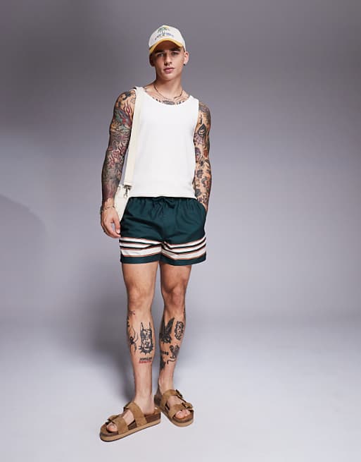 ASOS DESIGN Swim Shorts In Short Length In Green With Border Stripe
