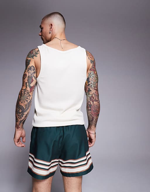 ASOS DESIGN Swim Shorts In Short Length In Green With Border Stripe