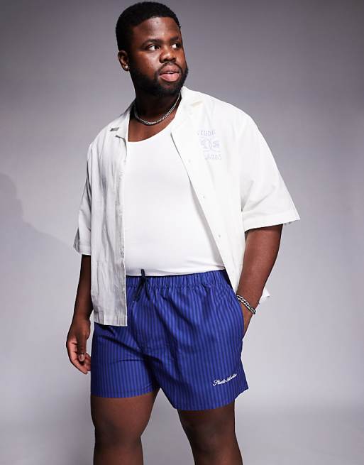 ASOS DESIGN Swim Shorts In Short Length In Navy Stripe With Placement Print