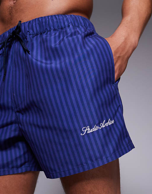 ASOS DESIGN Swim Shorts In Short Length In Navy Stripe With Placement Print