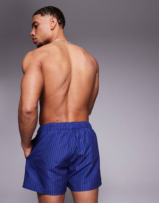 ASOS DESIGN Swim Shorts In Short Length In Navy Stripe With Placement Print