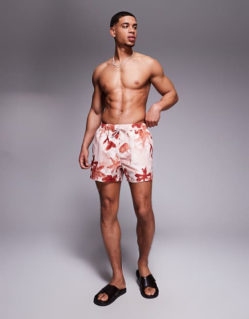 ASOS DESIGN Swim Shorts In Short Length In Pink Floral Print