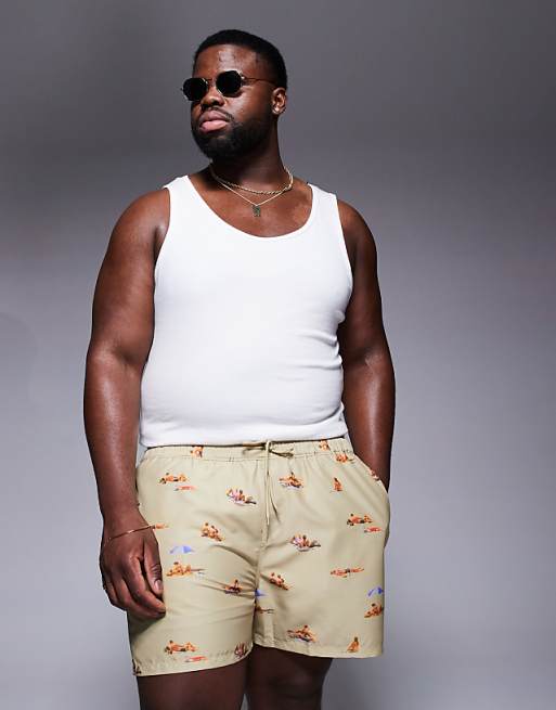 ASOS DESIGN Swim Shorts In Short Length With Beach Print In Stone